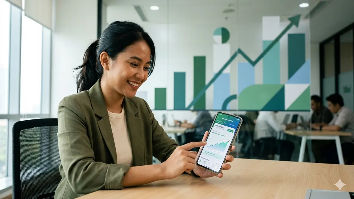 Ilustrasi investor pemula sedang memantau portofolio reksa dana di aplikasi ponsel