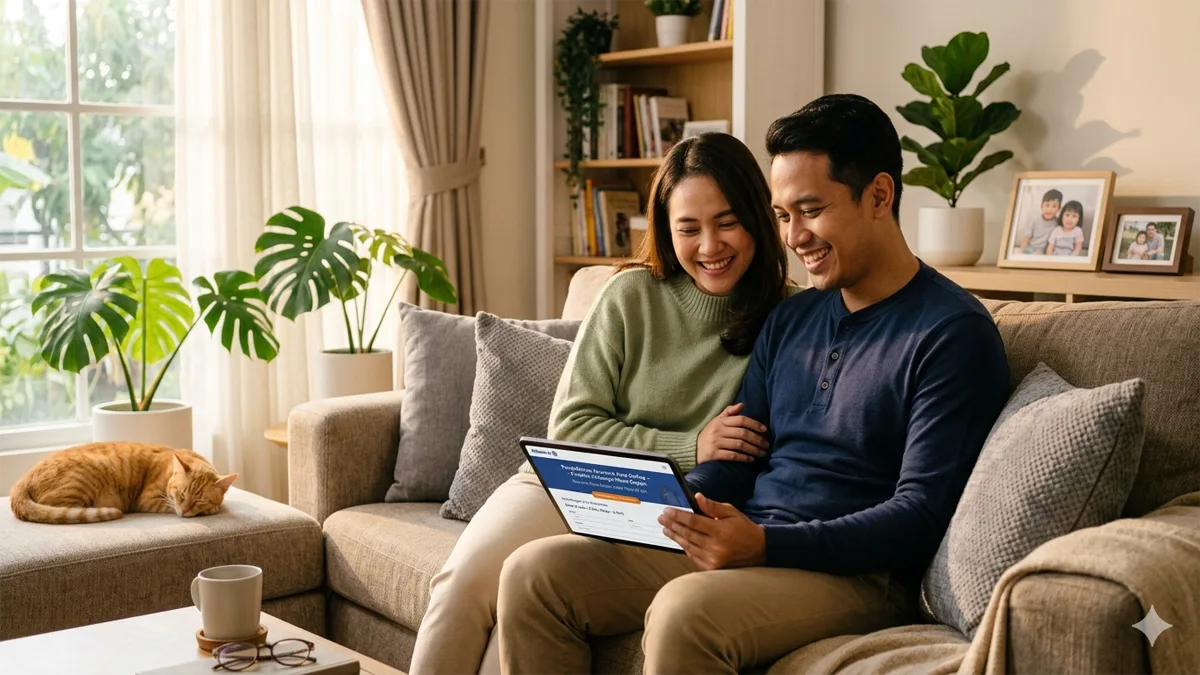 Pasangan muda sedang mendaftar asuransi jiwa online melalui smartphone untuk perlindungan masa depan keluarga