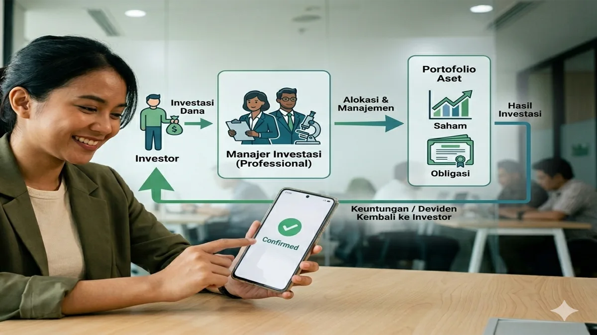 Diagram alur cara kerja reksa dana dari dana investor ke manajer investasi dan portofolio efek