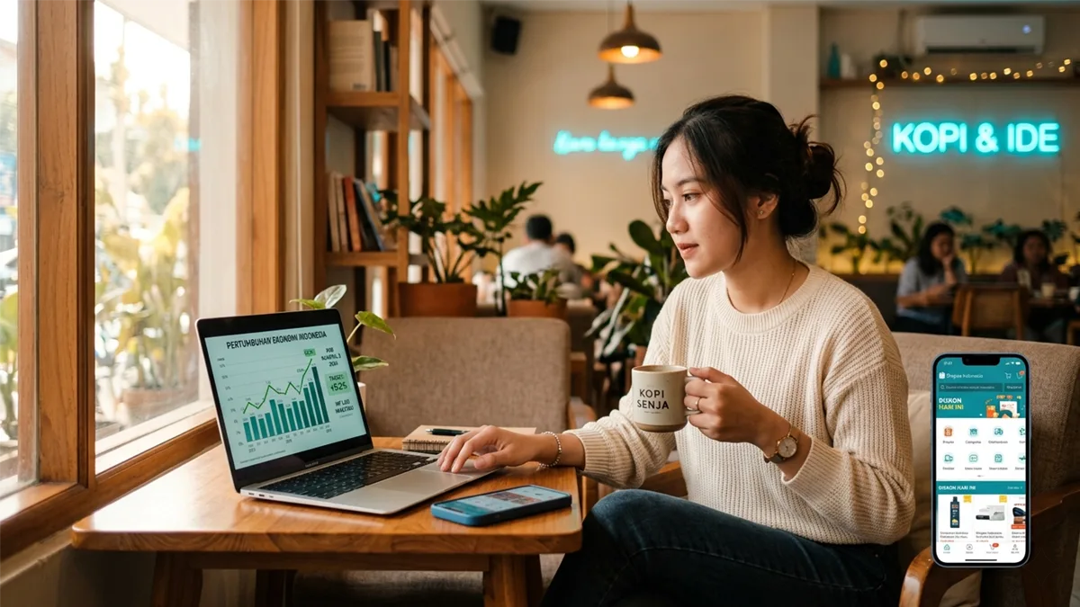 Seorang solopreneur sedang mengelola ide bisnis modal kecil yang menjanjikan di tahun 2026 melalui laptop dan ponsel.
